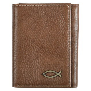 Men's Leather Wallet - Ichthus Fish, Brown Genuine Leather, Trifold