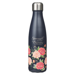 Stainless Steel Water Bottle - Strength and Dignity, Blue Floral