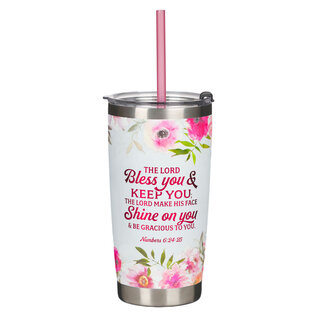 Stainless Steel Tumbler - Bless You & Keep You, w/Straw