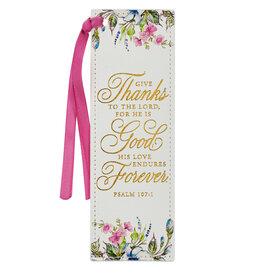 Bookmark - Give Thanks, White Floral Faux Leather