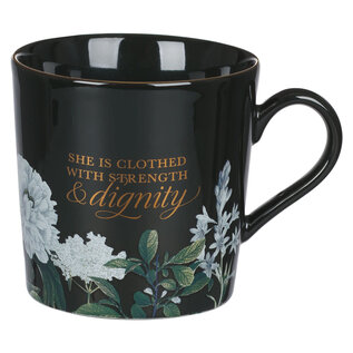 Mug - Strength and Dignity, Black Floral