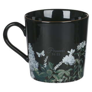 Mug - Strength and Dignity, Black Floral