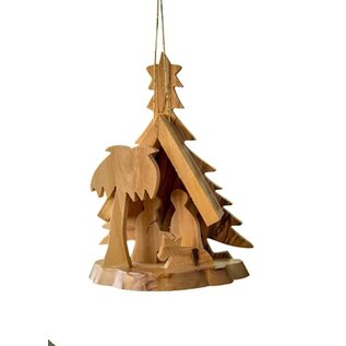 Ornament - Christmas Tree Shaped Olivewood Nativity Grotto (3")