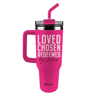 Stainless Steel Mug w/Straw - Loved Chosen Redeemed by Jesus, Pnk