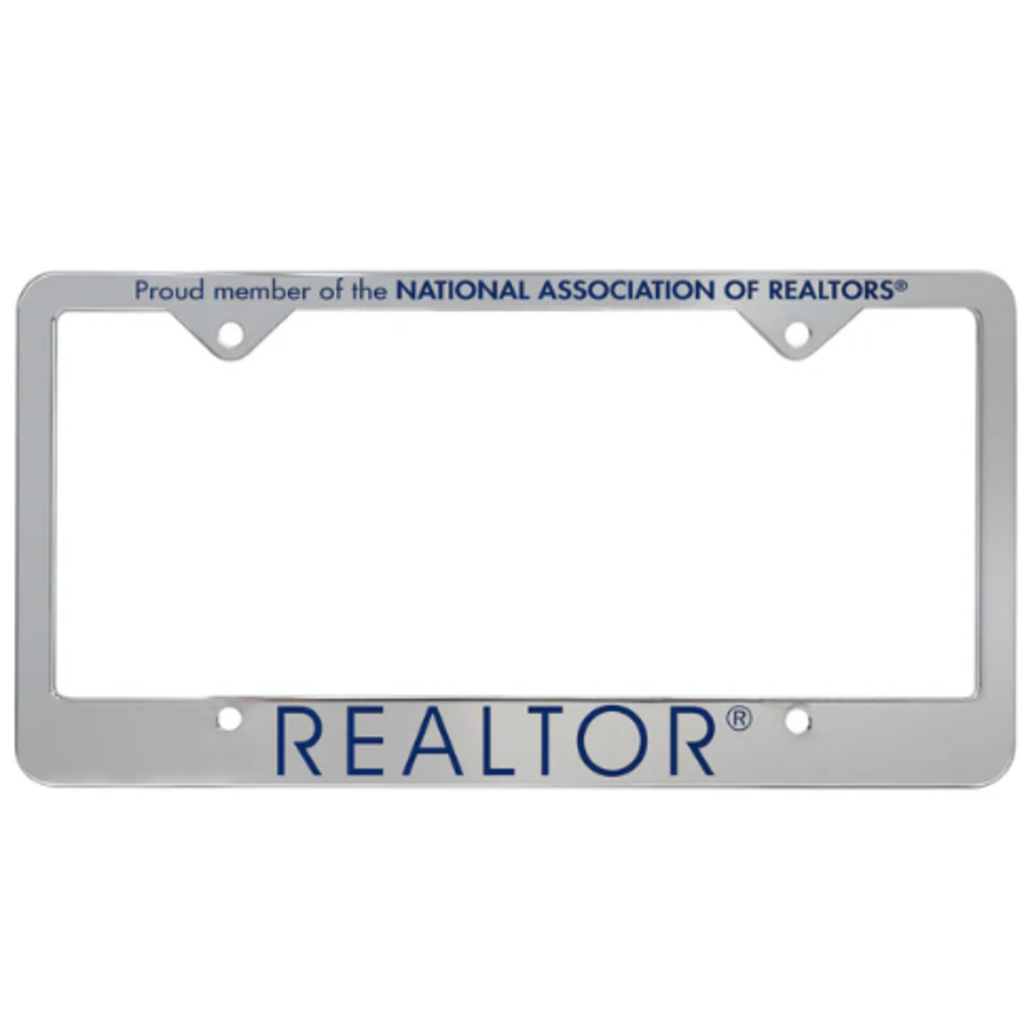 Silver heavy plastic Realtor license plate holder