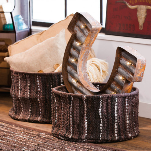 Brown Leather Storage Baskets Set of 2