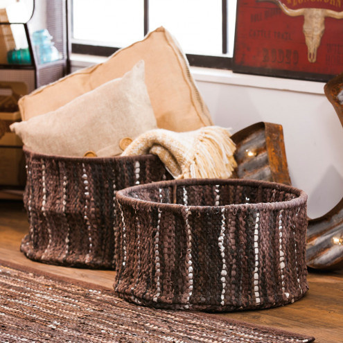 Brown Leather Storage Baskets Set of 2