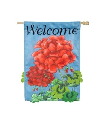 Geranium Welcome Garden Burlap Flag