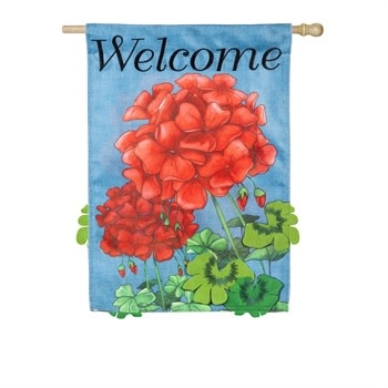 Geranium Welcome Garden Burlap Flag