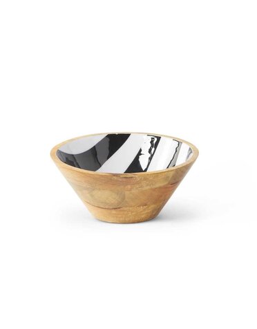 8" Wooden Bowl - Black & White Enamel Inside