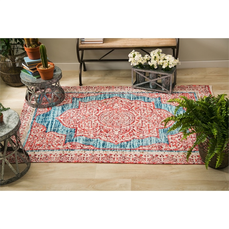 Red with Turquoise Digitally-Printed Indoor/Outdoor Rug, 4'x6'