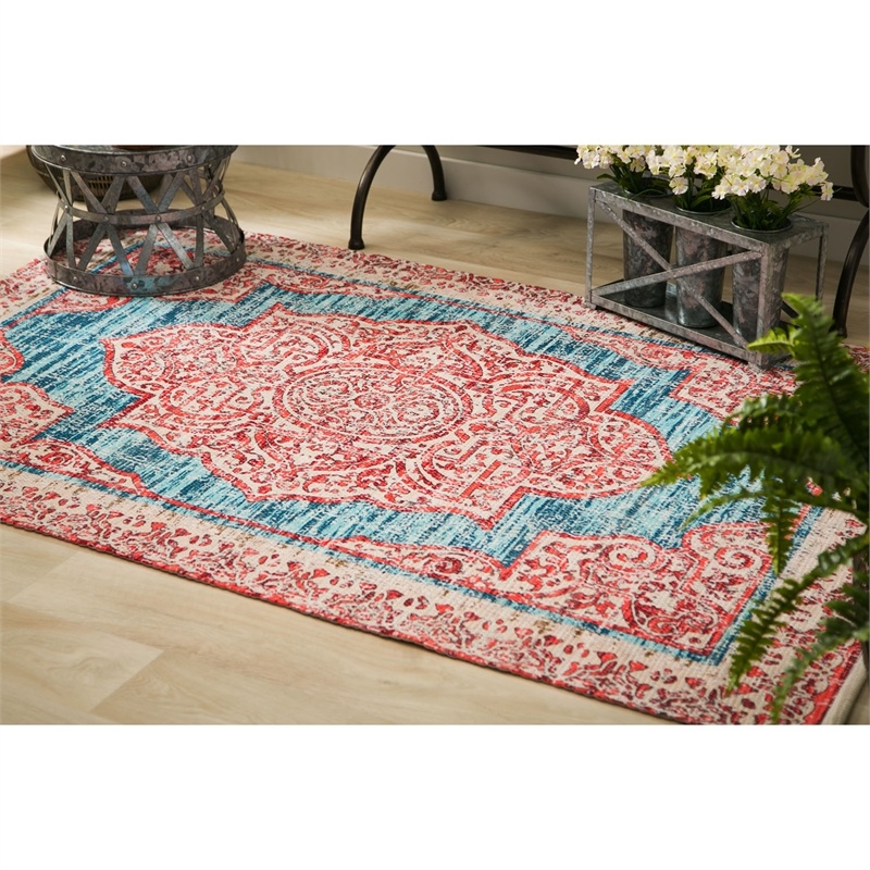 Red with Turquoise Digitally-Printed Indoor/Outdoor Rug, 4'x6'