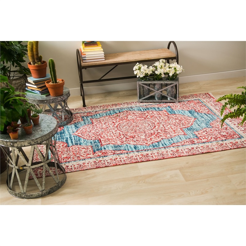 Red with Turquoise Digitally-Printed Indoor/Outdoor Rug, 4'x6'