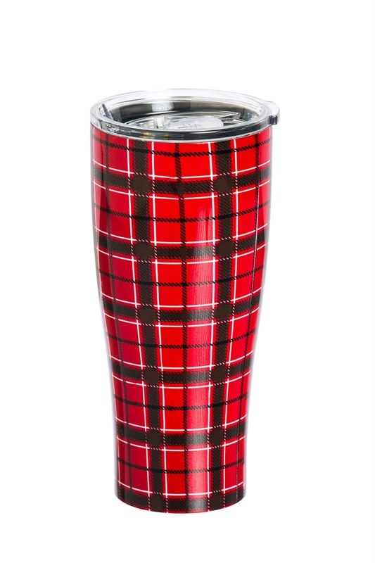 Stainless Steel Beverage Cup, 17 oz., Red Plaid