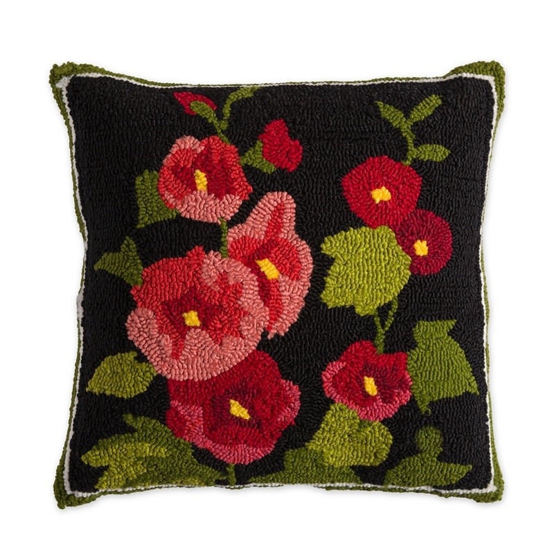 Indoor/Outdoor Hooked Pillow, Hollyhock 18"x18"