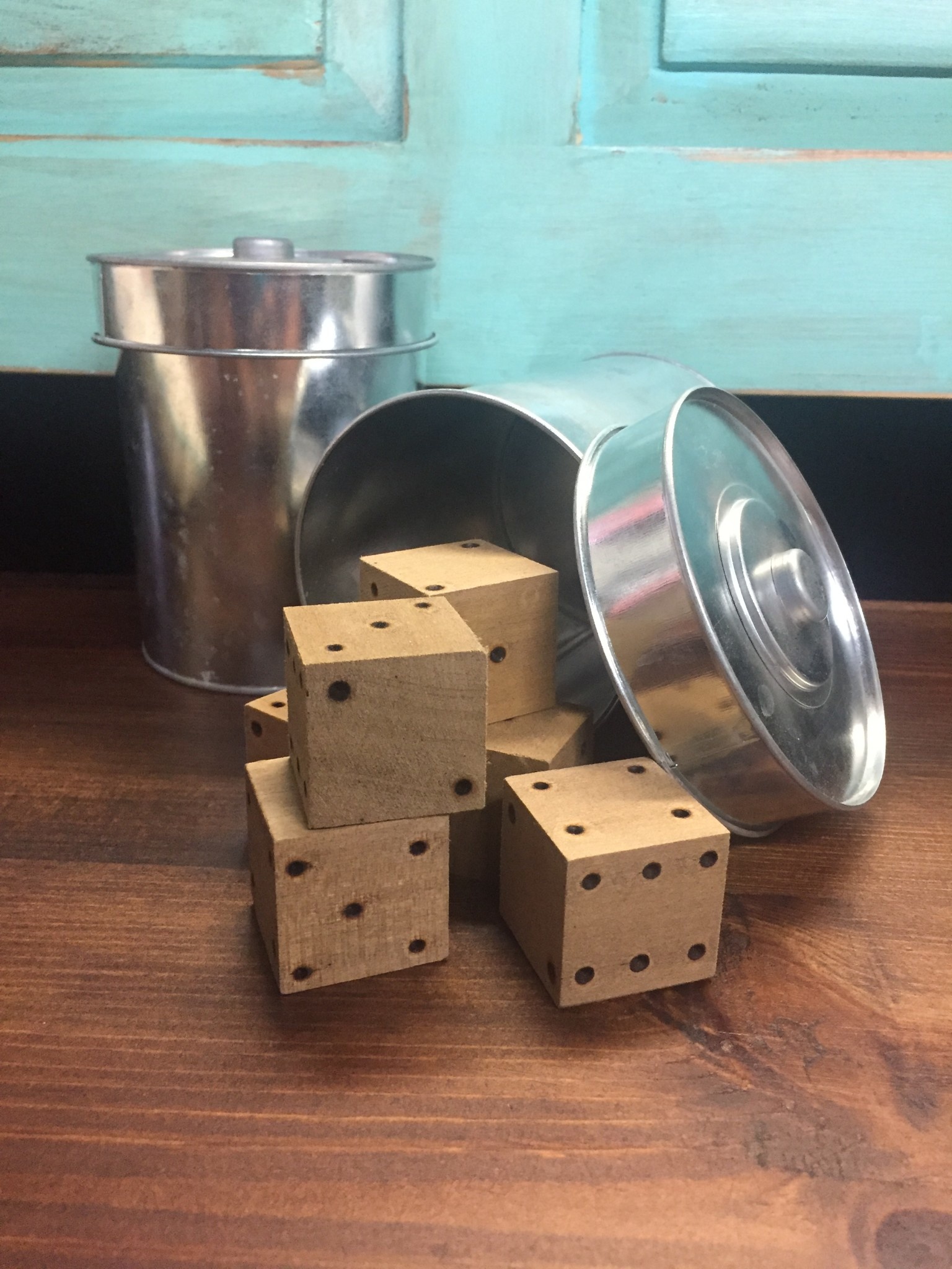 Wooden Dice with Storage Tin