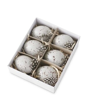 5.25 Inch Box of 6 Speckled Gray Eggs Mixed With Bird Feathers
