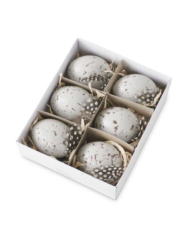5.25 Inch Box of 6 Speckled Gray Eggs Mixed With Bird Feathers