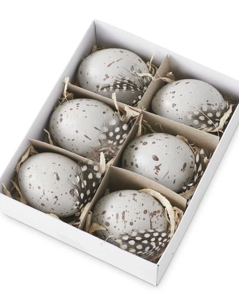 5.25 Inch Box of 6 Speckled Gray Eggs Mixed With Bird Feathers