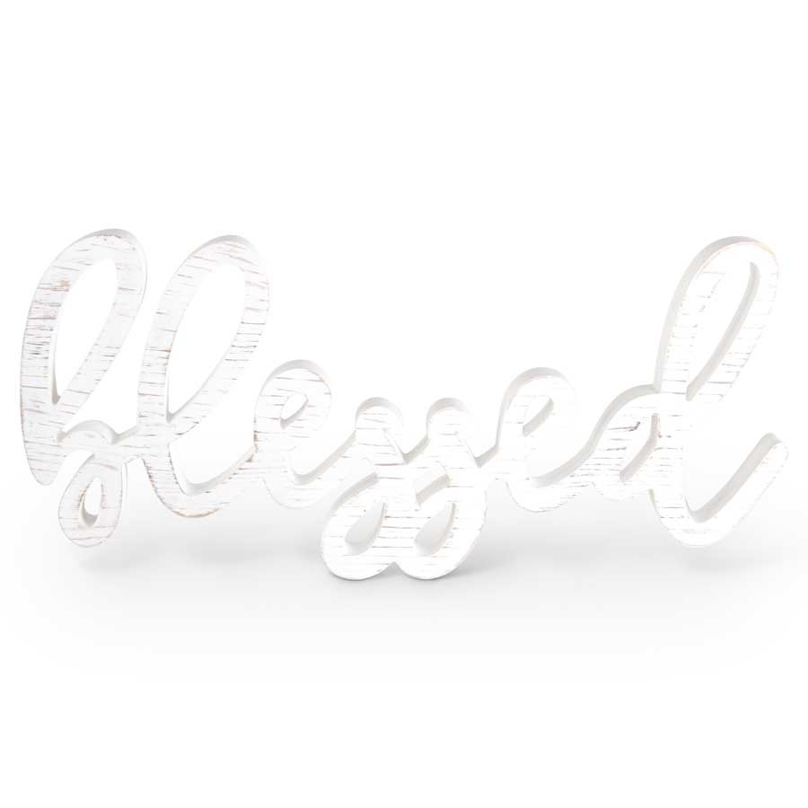 26' White Wooden "Blessed" Cursive Wall Hanger - Down South, Inc.