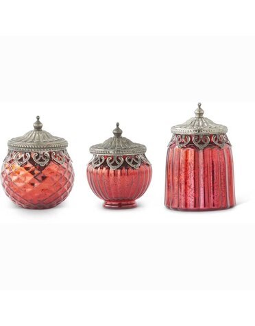 Set of 3 Red Mercury Glass Lidded Jar