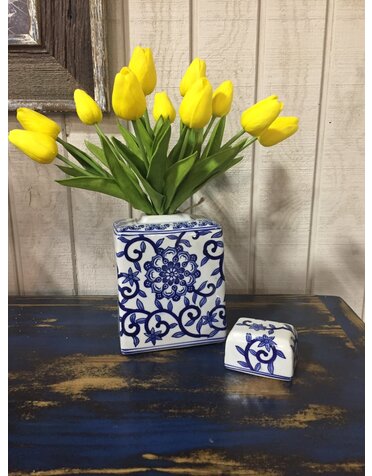 K & K Interiors Blue and White Porcelain Canister w/Lid SML