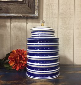K & K Interiors Ceramic White and Blue Round Ribbed Container w/ Crystal Knob