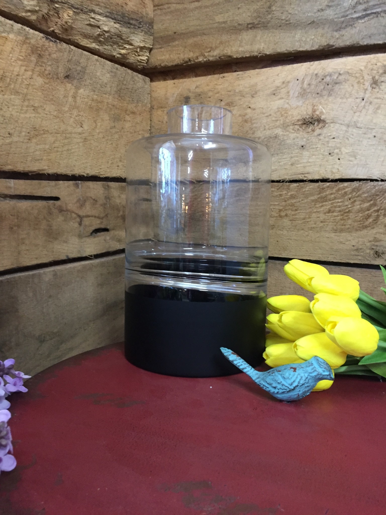 10" Clear Glass Vase w/ Black Bottom and Tapered Neck