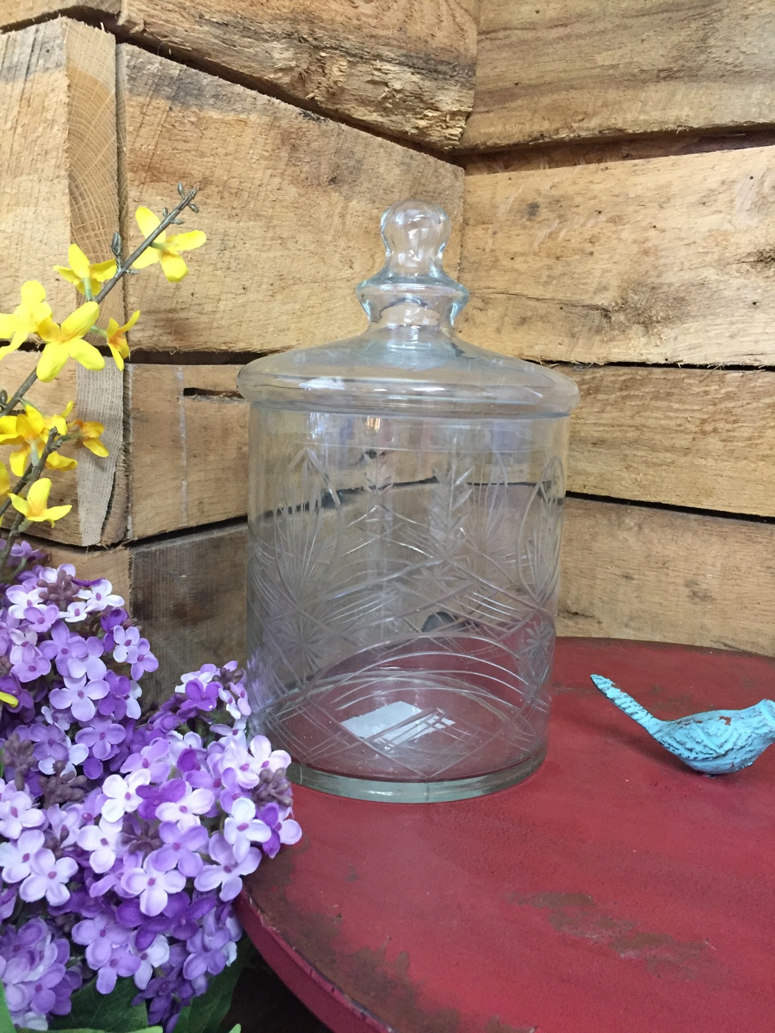 10.5" Clear Glass Etched Lidded Container