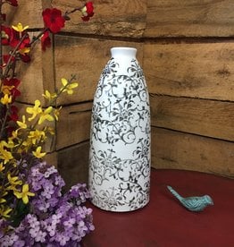 12" Cream Ceramic Vase with Gray Vine Pattern