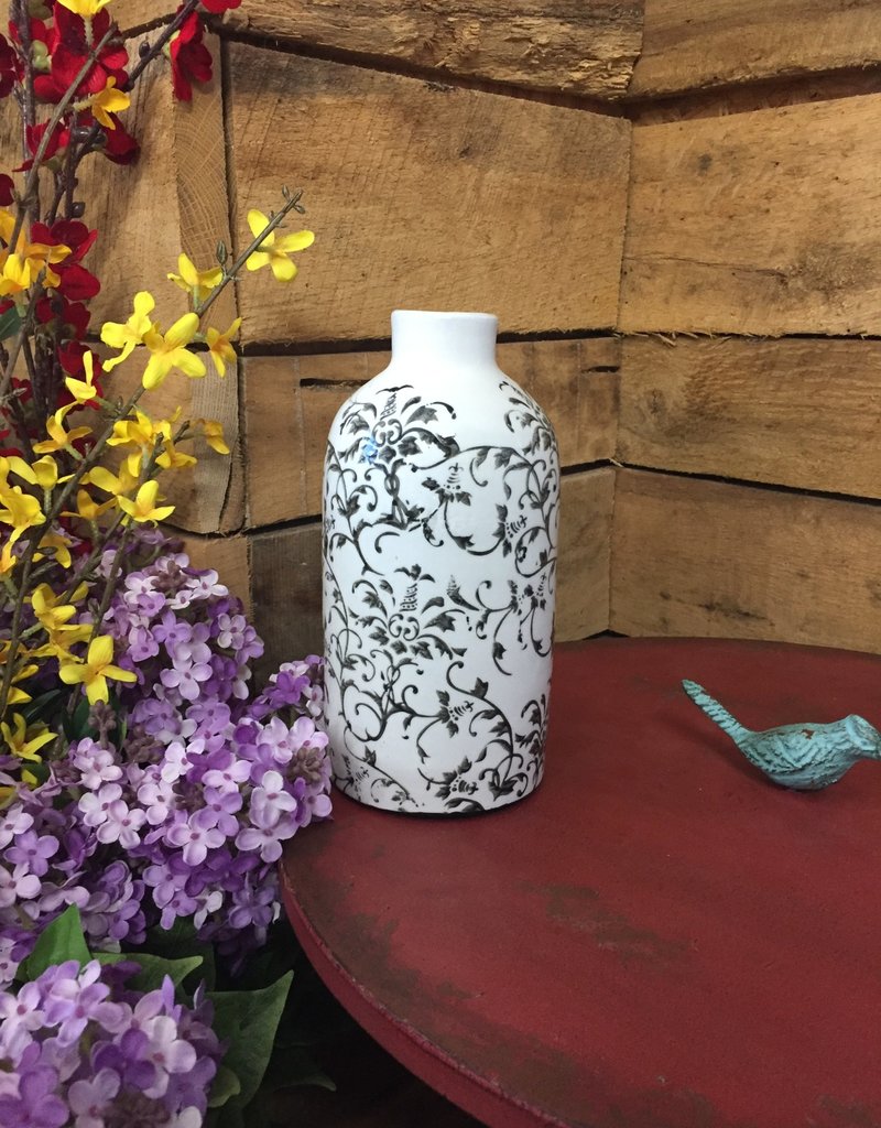 8.75" Cream Ceramic Vases with Gray Vine Pattern
