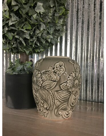 K & K Interiors Gray Ceramic Art Deco Style Vase 8.75"