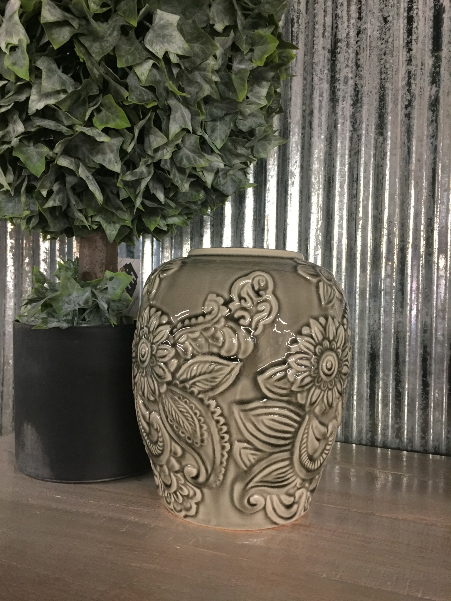 K & K Interiors Gray Ceramic Art Deco Style Vase 8.75"