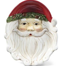 11 Inch Lg Santa Face Ceramic Plate w/Red Hat and Pinecone Trim
