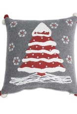 17.75 Inch Gray Wool Pillow With Red Tree and Pom Pom Trim
