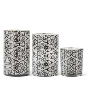 K & K Interiors Set of 3 Glass Black Filigree Patterned Candleholders