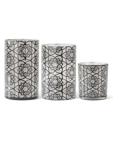 K & K Interiors Set of 3 Glass Black Filigree Patterned Candleholders
