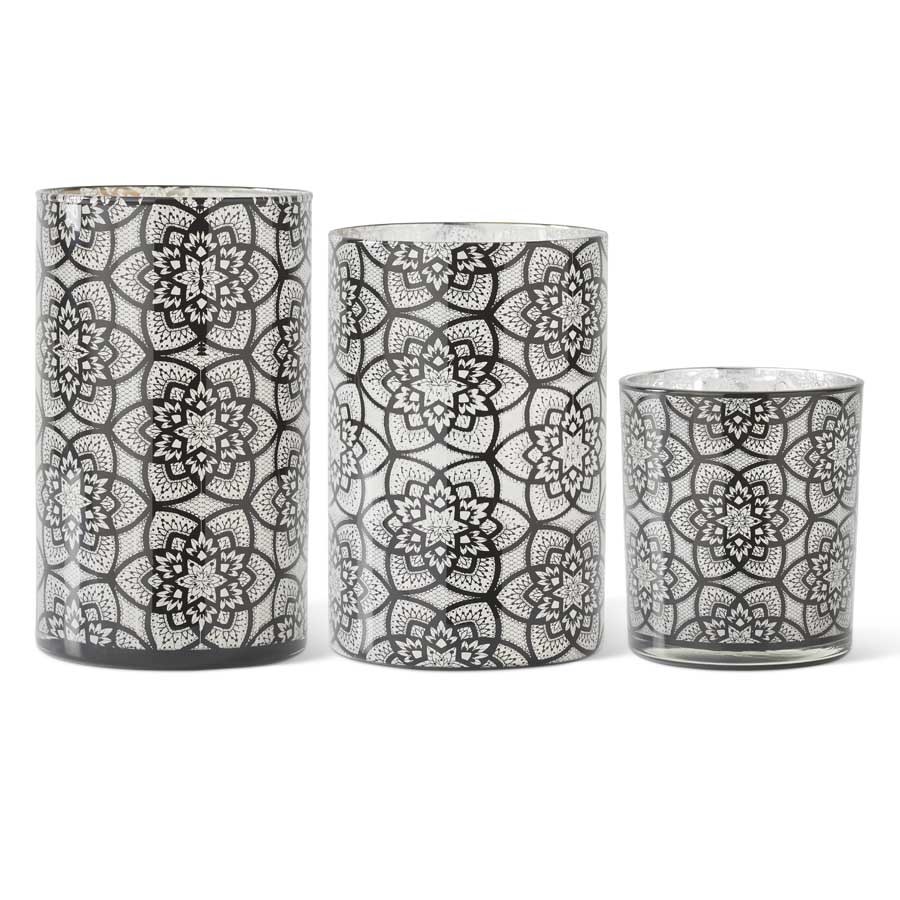 K & K Interiors Set of 3 Glass Black Filigree Patterned Candleholders