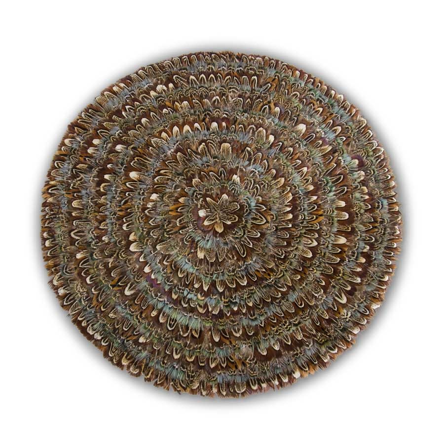 15" Round Brown and Aqua Trim Feather Coaster