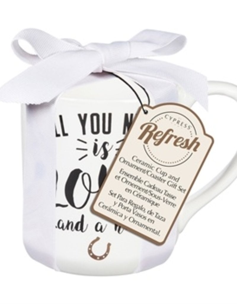 Ceramic Cup, 10 OZ, with Ornament/Coaster Gift Set, All you need is love...and a horse