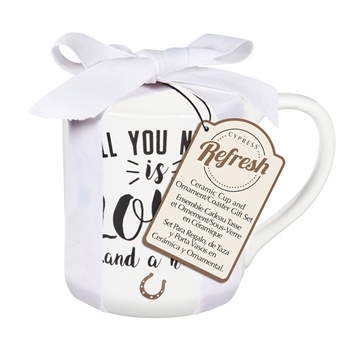Ceramic Cup, 10 OZ, with Ornament/Coaster Gift Set, All you need is love...and a horse