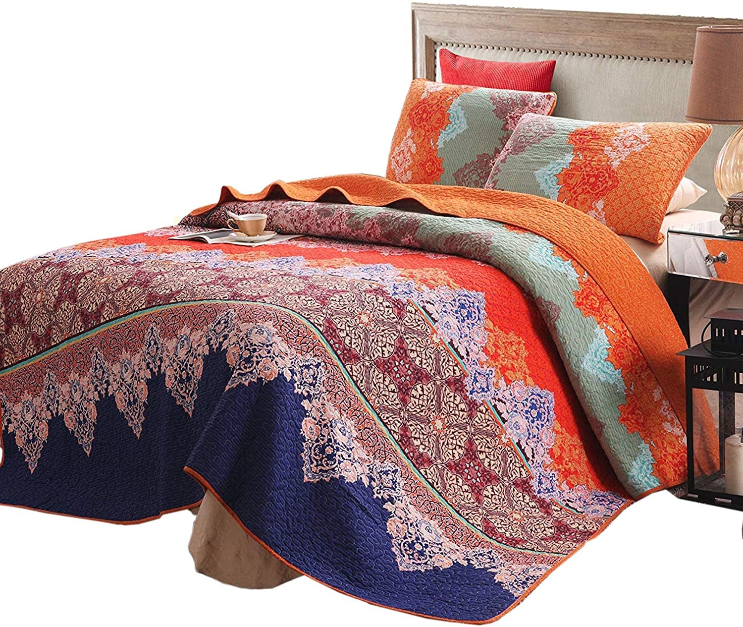 Rich Printed Boho 3 PC Quilt Set - Queen