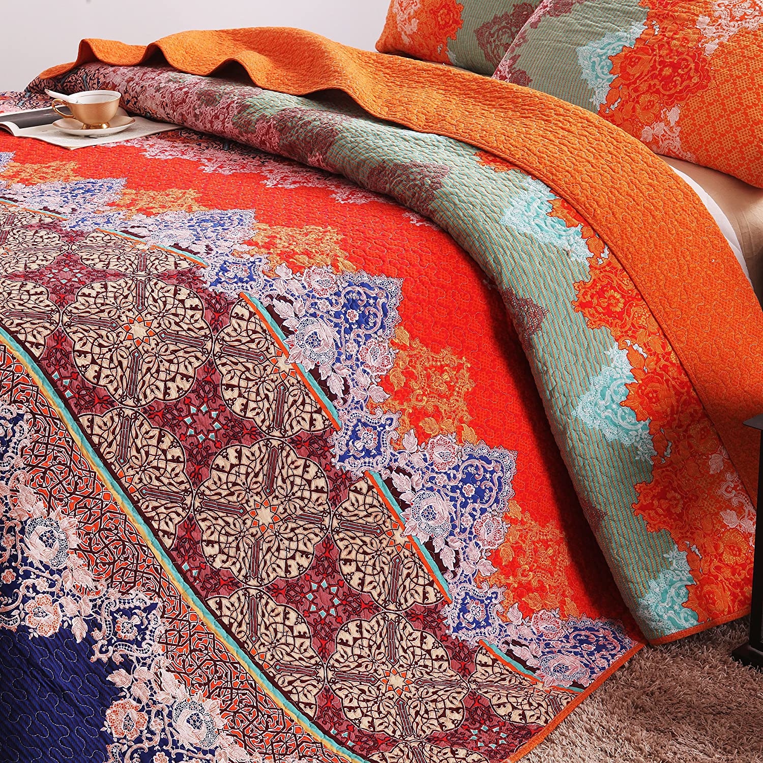 Rich Printed Boho 3 PC Quilt Set - Queen