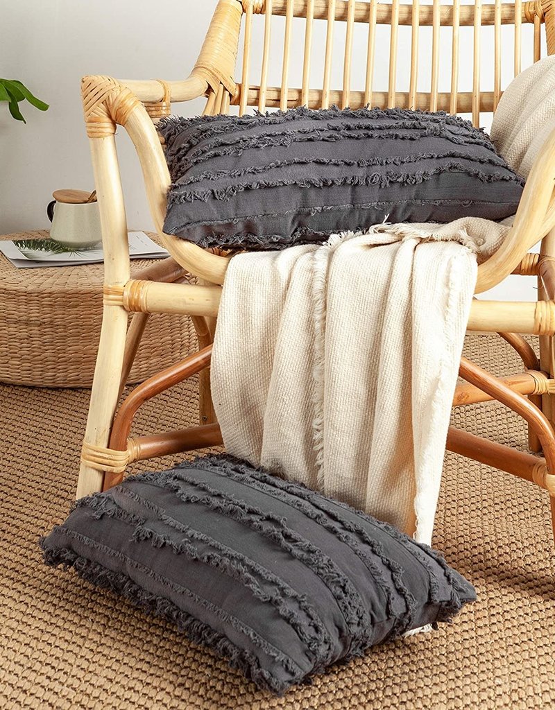 Decorative Cotton Linen Gray Boho Pillow 12" x 20"