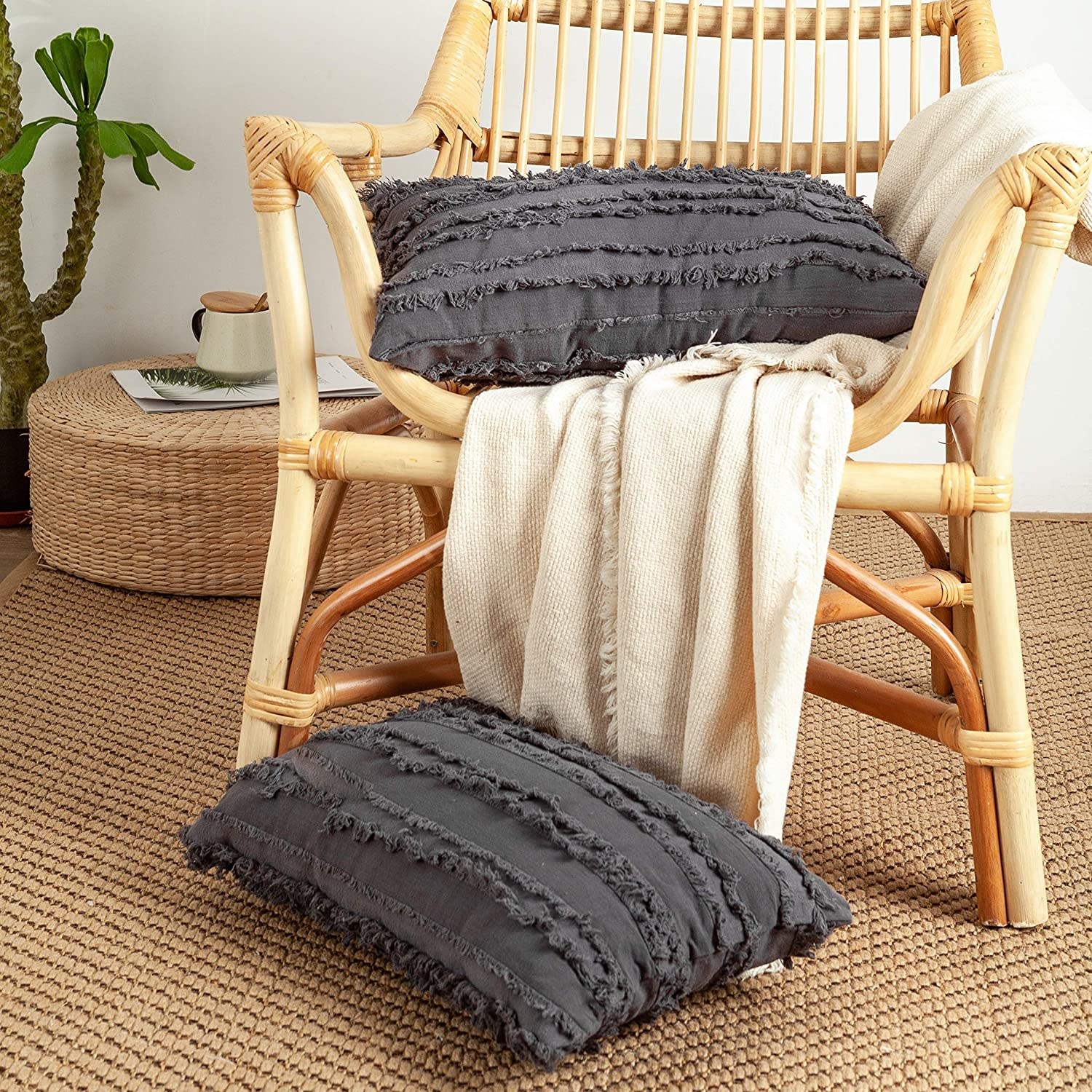 Decorative Cotton Linen Gray Boho Pillow 12" x 20"