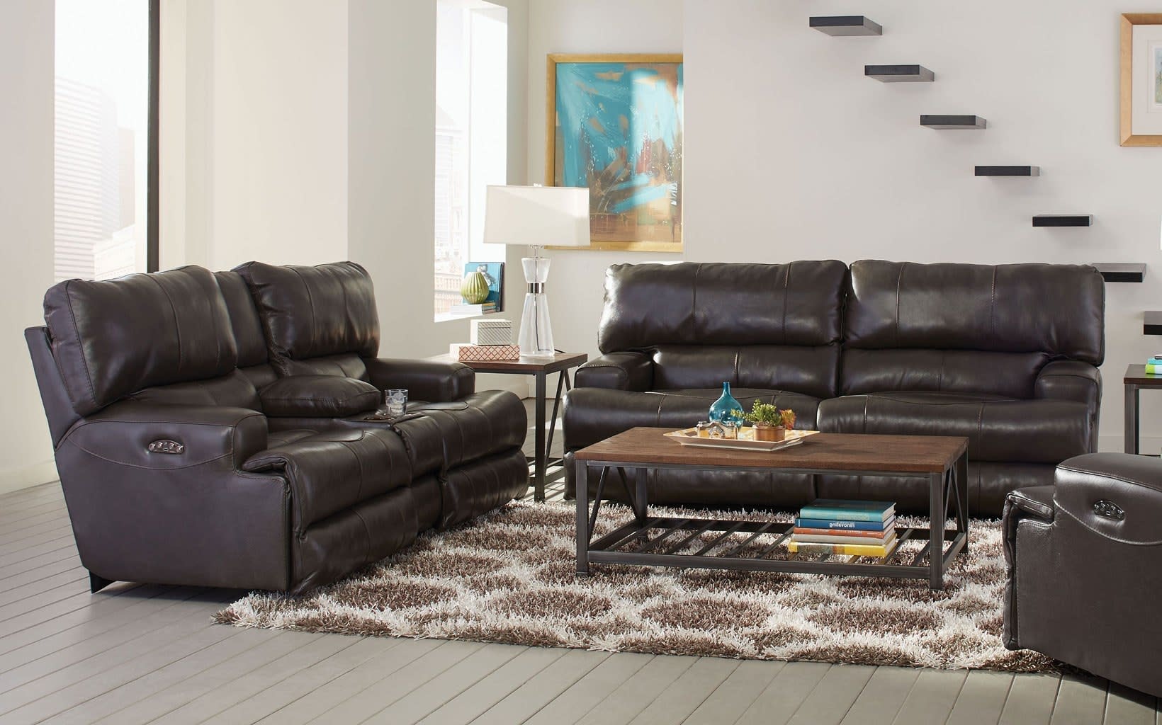 Wembley Leather Layflat Reclining Console Loveseat - Steel