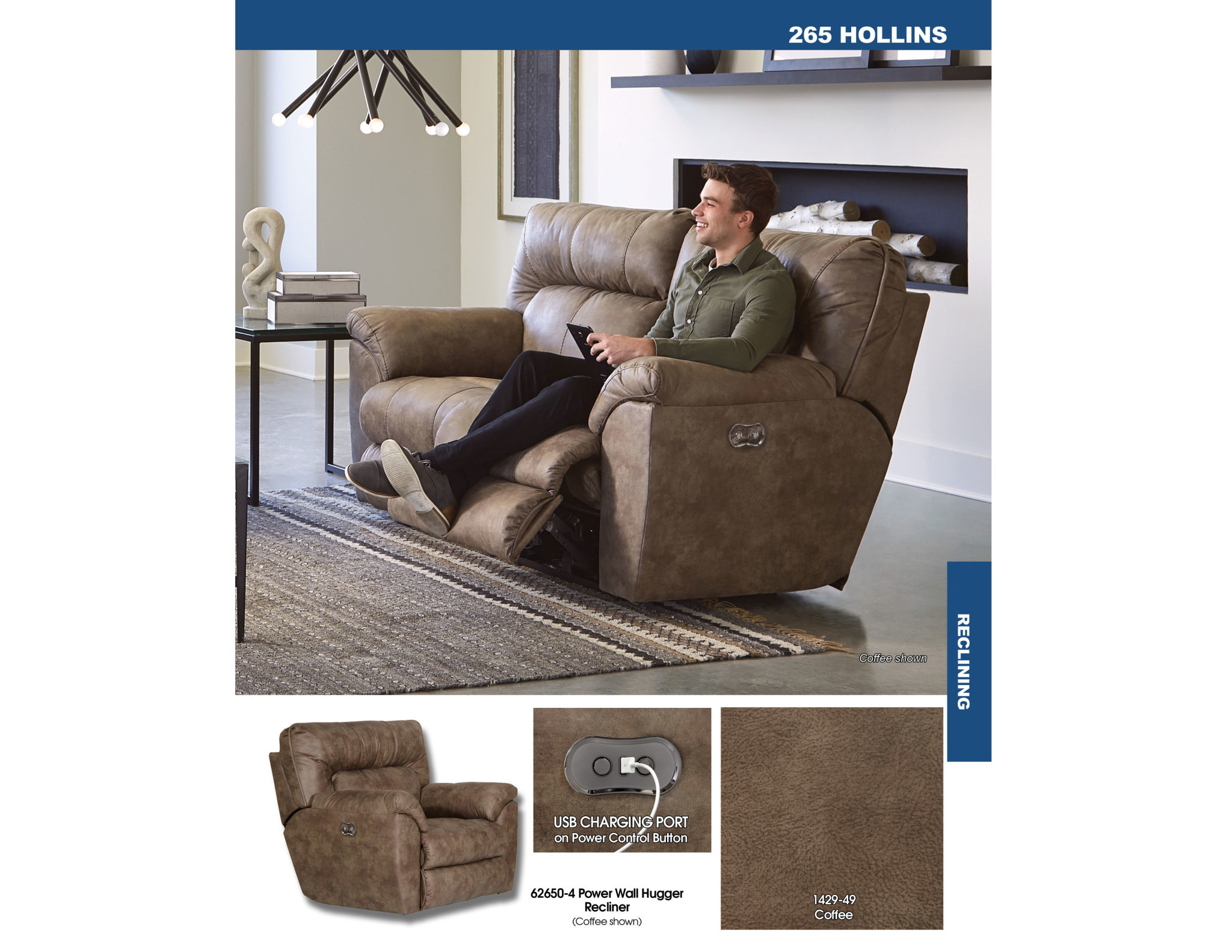 Hollins Power Reclining Sofa - Coffee