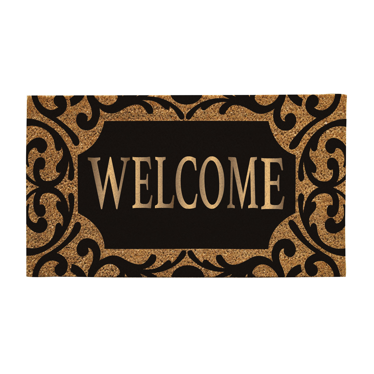 Scroll Metallic Welcome Rubber Insert Coir Mat