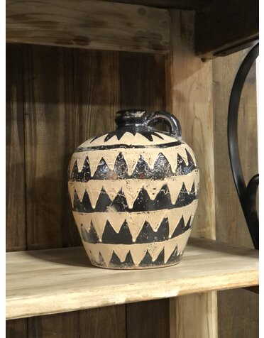 Black Ceramic Jugs w/Tan Triangle Pattern 8.5 INCH