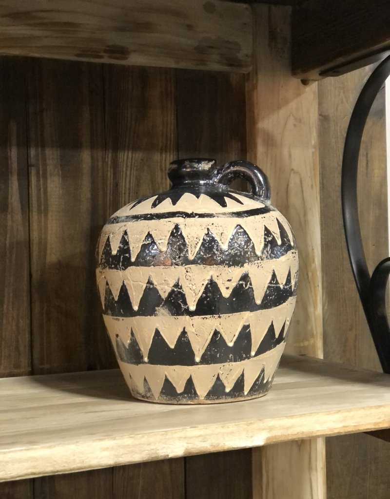 Black Ceramic Jugs w/Tan Triangle Pattern 8.5 INCH